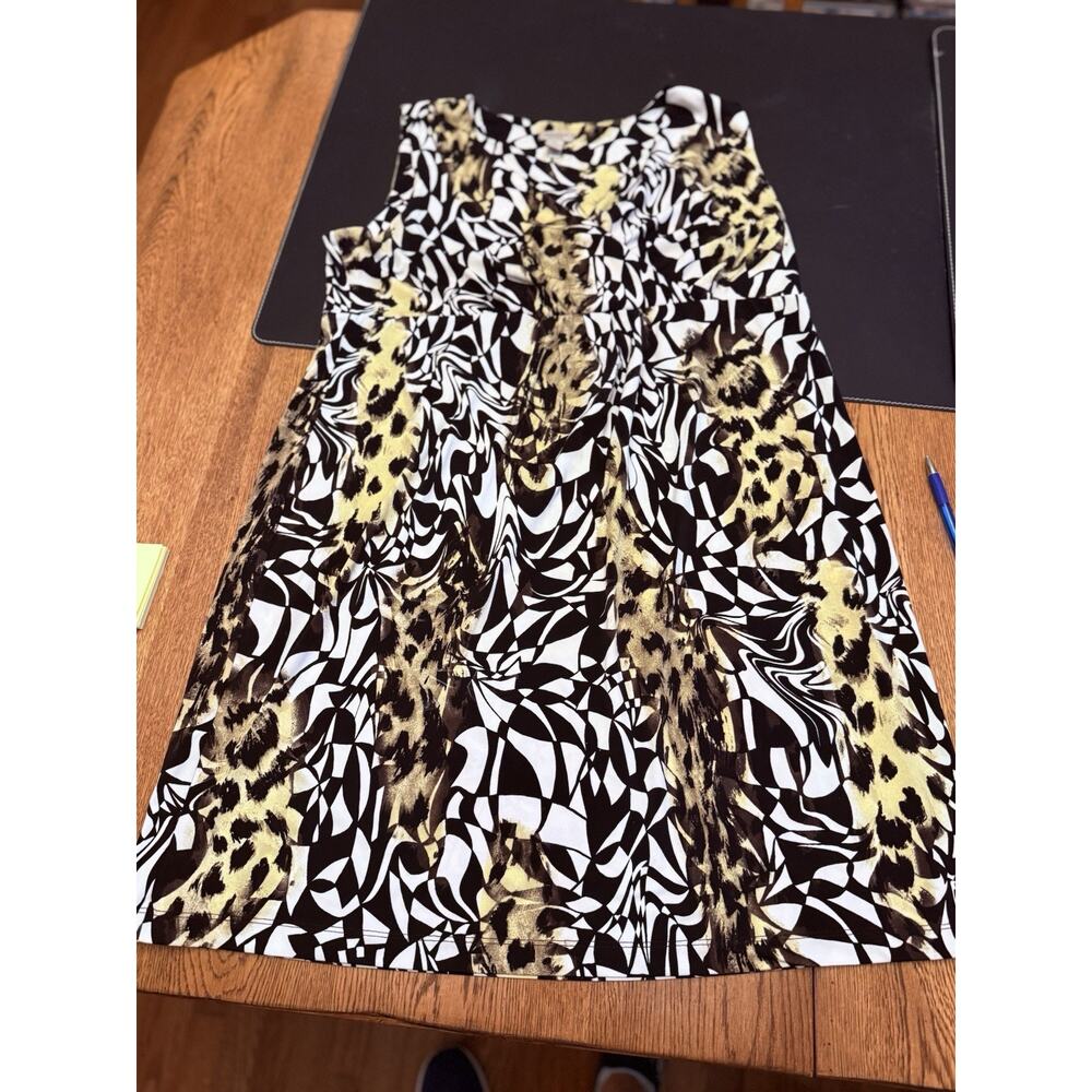 Chico's Shift Dress Animal Geometric Black White Yellow Jersey Stretch 3 Women